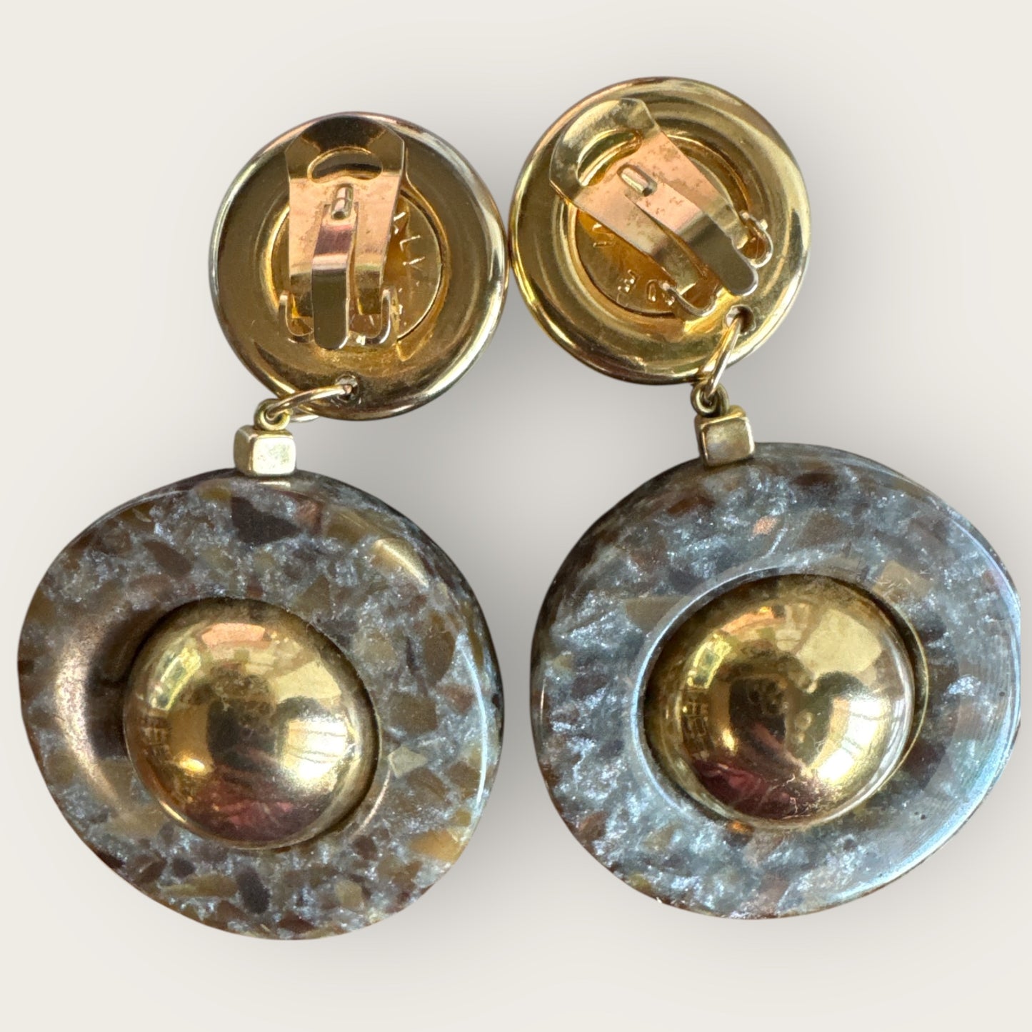 Vintage 1980s Made in Italy Statement Earrings | Bold Gold Tone Domes & Granite-Look Acrylic | 3” Runway Clip-On Drops | Designer Style