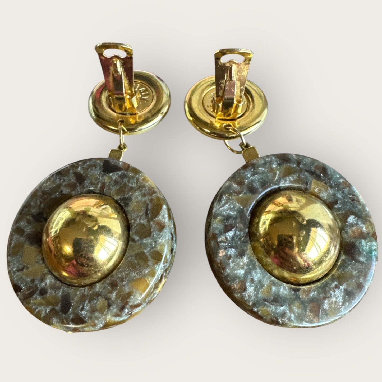 Vintage 1980s Made in Italy Statement Earrings | Bold Gold Tone Domes & Granite-Look Acrylic | 3” Runway Clip-On Drops | Designer Style