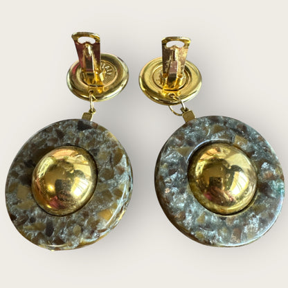 Vintage 1980s Made in Italy Statement Earrings | Bold Gold Tone Domes & Granite-Look Acrylic | 3” Runway Clip-On Drops | Designer Style