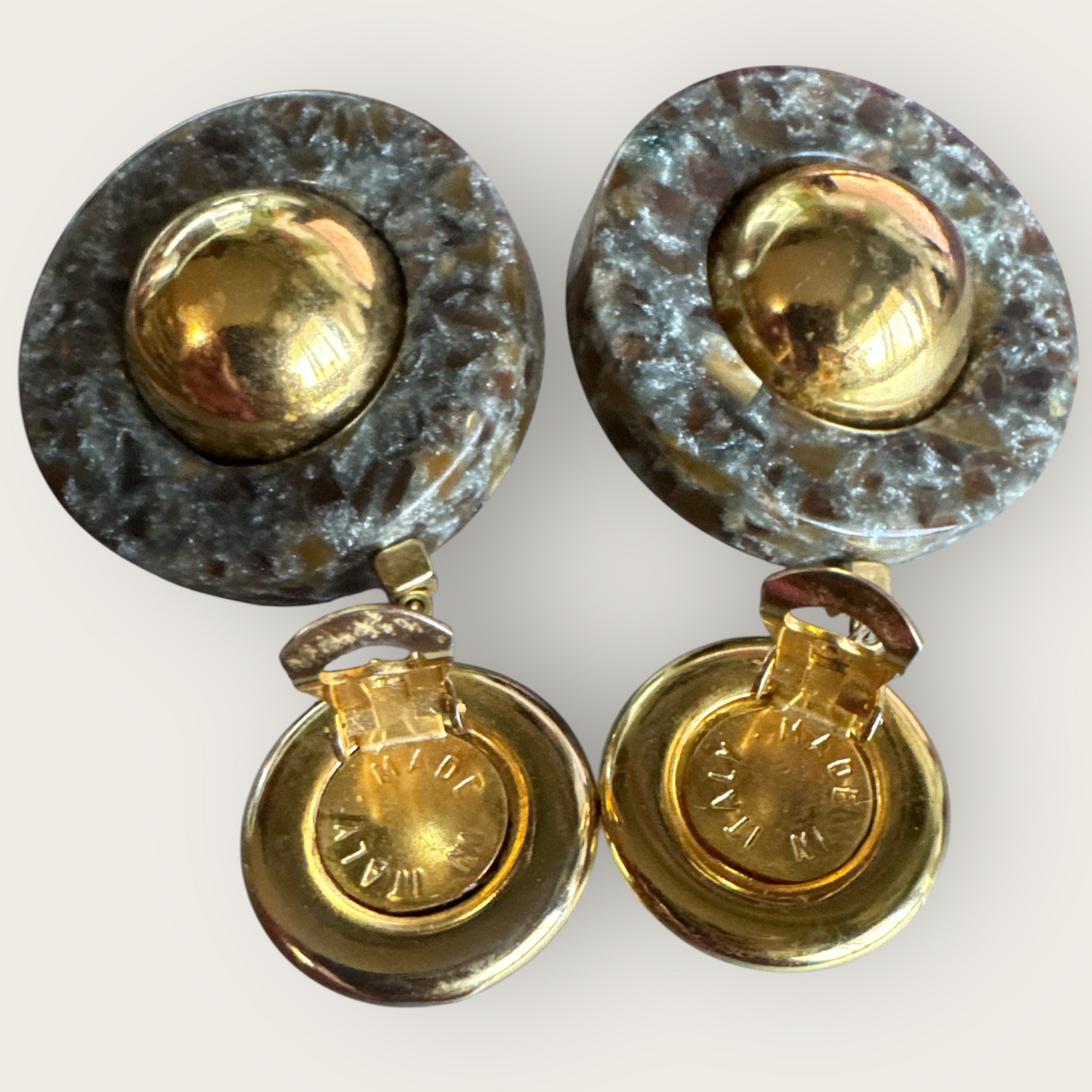 Vintage 1980s Made in Italy Statement Earrings | Bold Gold Tone Domes & Granite-Look Acrylic | 3” Runway Clip-On Drops | Designer Style