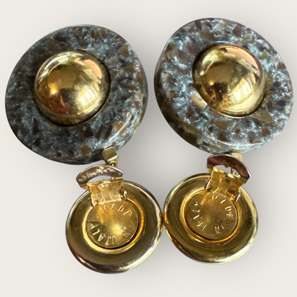 Vintage 1980s Made in Italy Statement Earrings | Bold Gold Tone Domes & Granite-Look Acrylic | 3” Runway Clip-On Drops | Designer Style