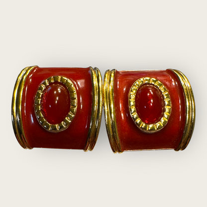 Vintage Avon Red Enamel & Cabochon Clip-On Earrings, 1980s Bold Statement Jewelry