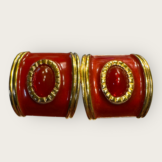 Vintage Avon Red Enamel & Cabochon Clip-On Earrings, 1980s Bold Statement Jewelry