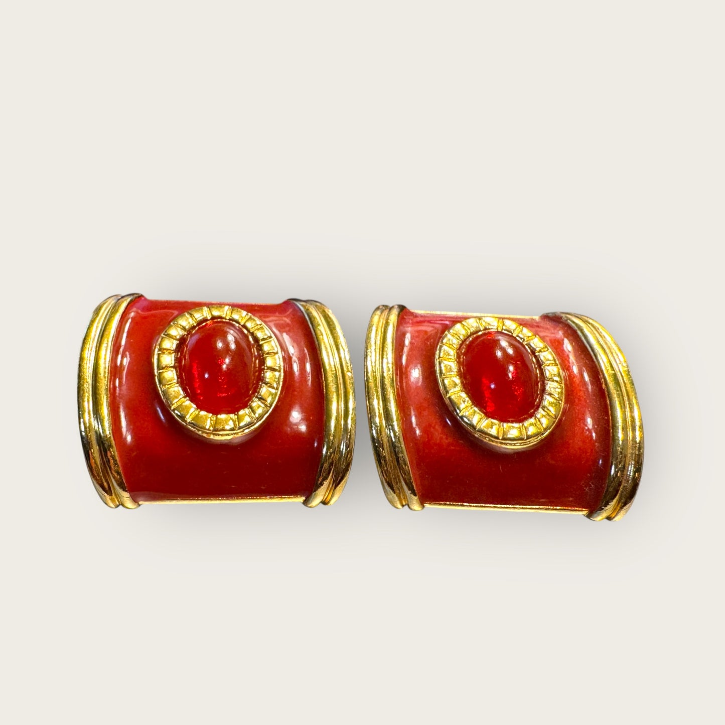 Vintage Avon Red Enamel & Cabochon Clip-On Earrings, 1980s Bold Statement Jewelry