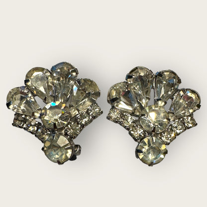 Vintage 1950s Rhinestone Fan Earrings, Mid-Century Clip-On Sparkling Costume Jewelry