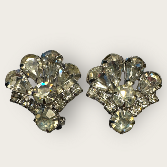 Vintage 1950s Rhinestone Fan Earrings, Mid-Century Clip-On Sparkling Costume Jewelry