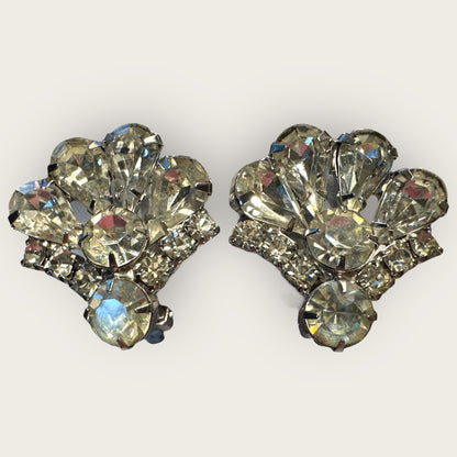 Vintage 1950s Rhinestone Fan Earrings, Mid-Century Clip-On Sparkling Costume Jewelry