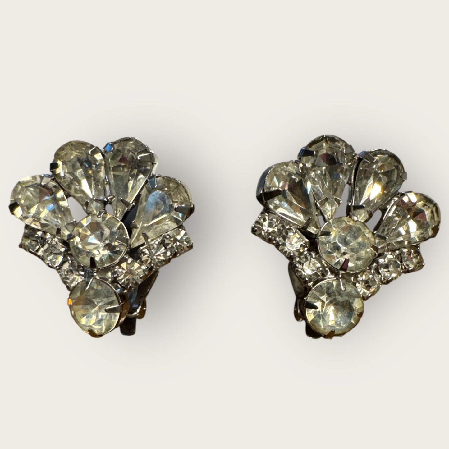 Vintage 1950s Rhinestone Fan Earrings, Mid-Century Clip-On Sparkling Costume Jewelry