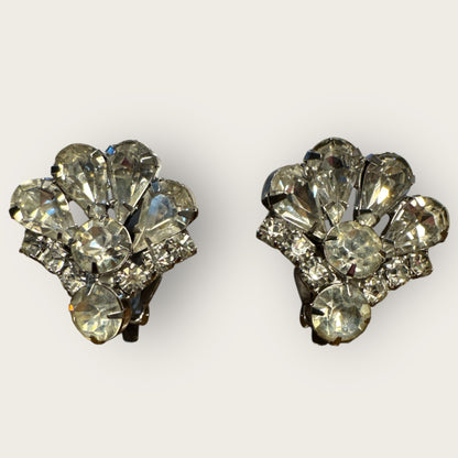 Vintage 1950s Rhinestone Fan Earrings, Mid-Century Clip-On Sparkling Costume Jewelry