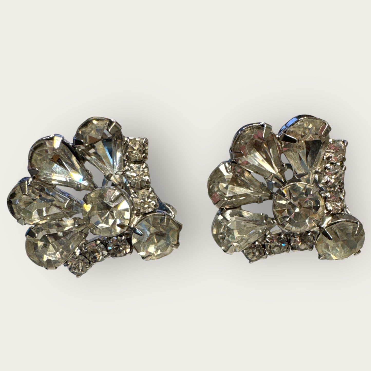 Vintage 1950s Rhinestone Fan Earrings, Mid-Century Clip-On Sparkling Costume Jewelry