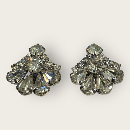 Vintage 1950s Rhinestone Fan Earrings, Mid-Century Clip-On Sparkling Costume Jewelry