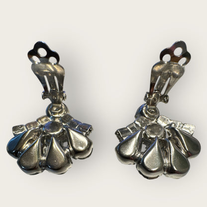 Vintage 1950s Rhinestone Fan Earrings, Mid-Century Clip-On Sparkling Costume Jewelry