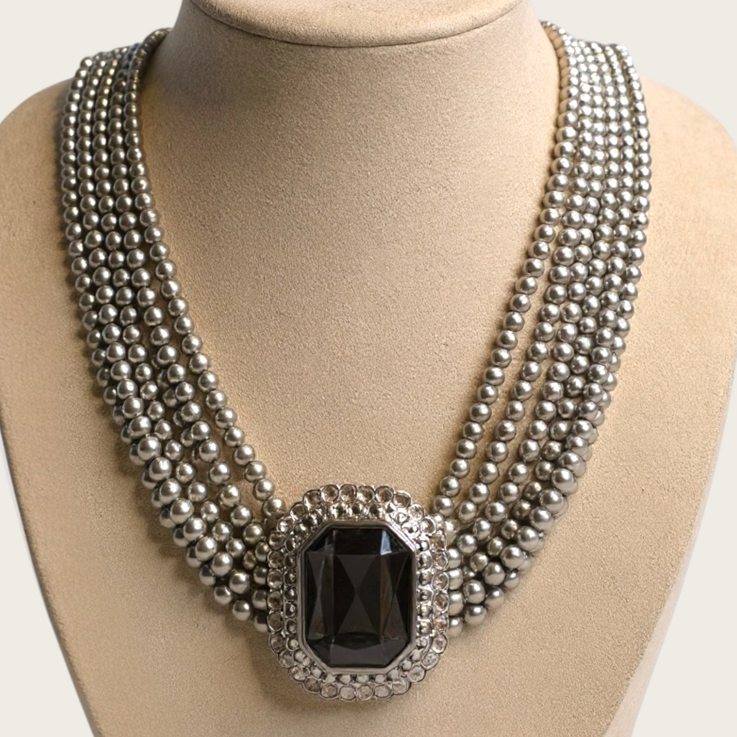 Vintage Six-Strand Gray Glass Pearl Necklace with Large Cushion-Cut Glass Centerpiece & Crystal Rhinestones