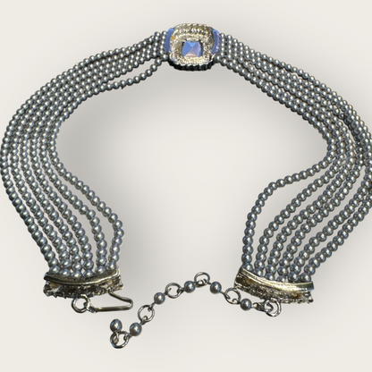 Vintage Six-Strand Gray Glass Pearl Necklace with Large Cushion-Cut Glass Centerpiece & Crystal Rhinestones