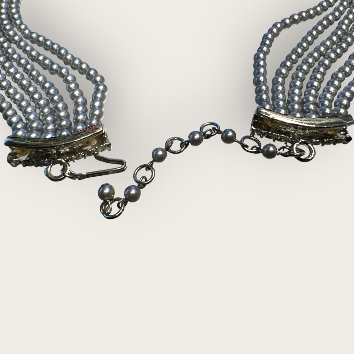 Vintage Six-Strand Gray Glass Pearl Necklace with Large Cushion-Cut Glass Centerpiece & Crystal Rhinestones