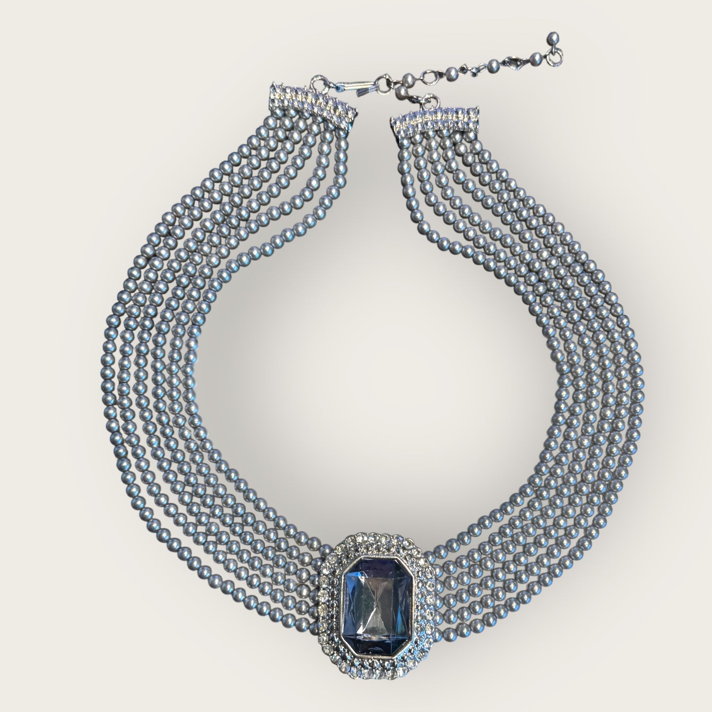 Vintage Six-Strand Gray Glass Pearl Necklace with Large Cushion-Cut Glass Centerpiece & Crystal Rhinestones