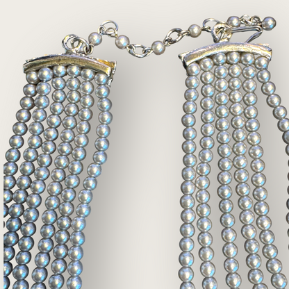 Vintage Six-Strand Gray Glass Pearl Necklace with Large Cushion-Cut Glass Centerpiece & Crystal Rhinestones