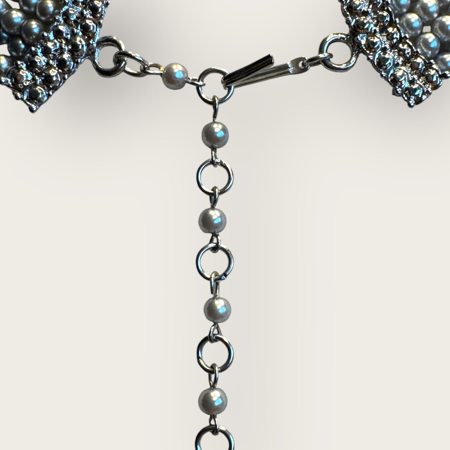 Vintage Six-Strand Gray Glass Pearl Necklace with Large Cushion-Cut Glass Centerpiece & Crystal Rhinestones