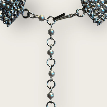 Vintage Six-Strand Gray Glass Pearl Necklace with Large Cushion-Cut Glass Centerpiece & Crystal Rhinestones