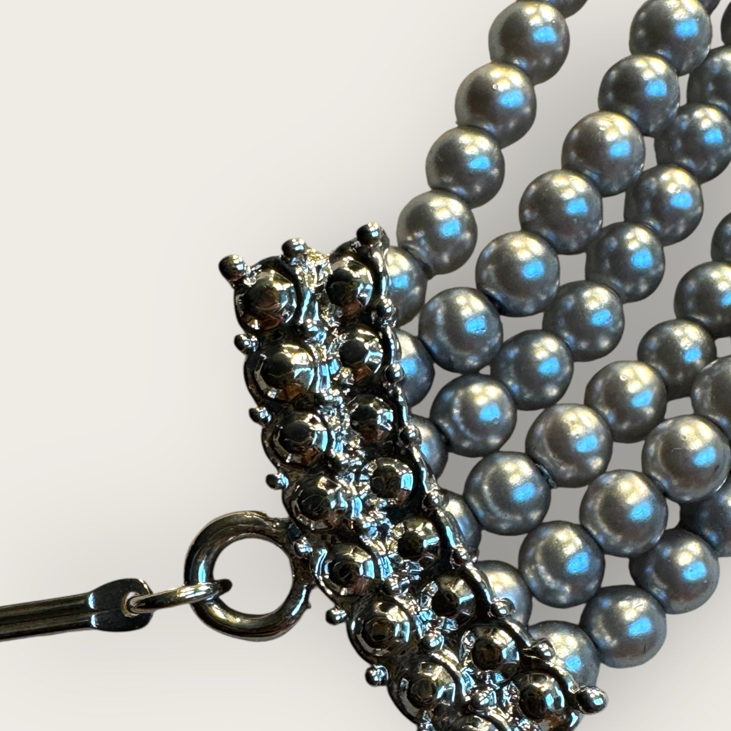 Vintage Six-Strand Gray Glass Pearl Necklace with Large Cushion-Cut Glass Centerpiece & Crystal Rhinestones