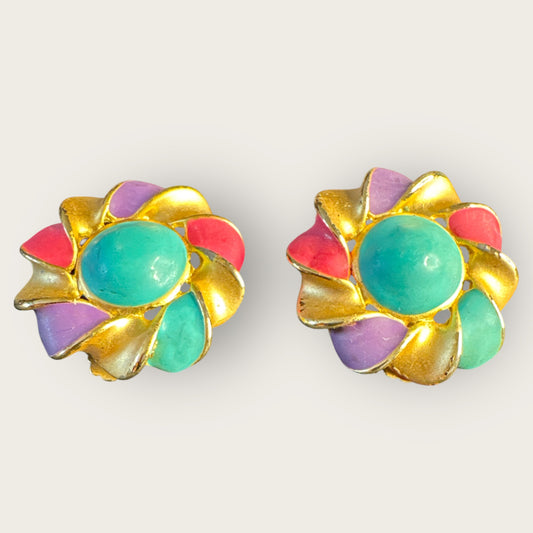 Vintage 1960s Color-Block Matte Enamel & Gold-Tone Clip-On Earrings | Multicolor Swirl Design