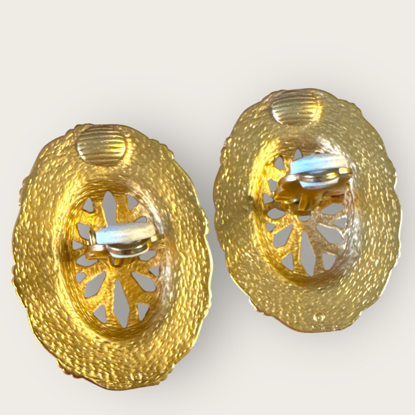 Vintage Cobalt Blue Enamel Oval Statement Earrings, Matte Gold-Tone Runway Clip-Ons (1980s)