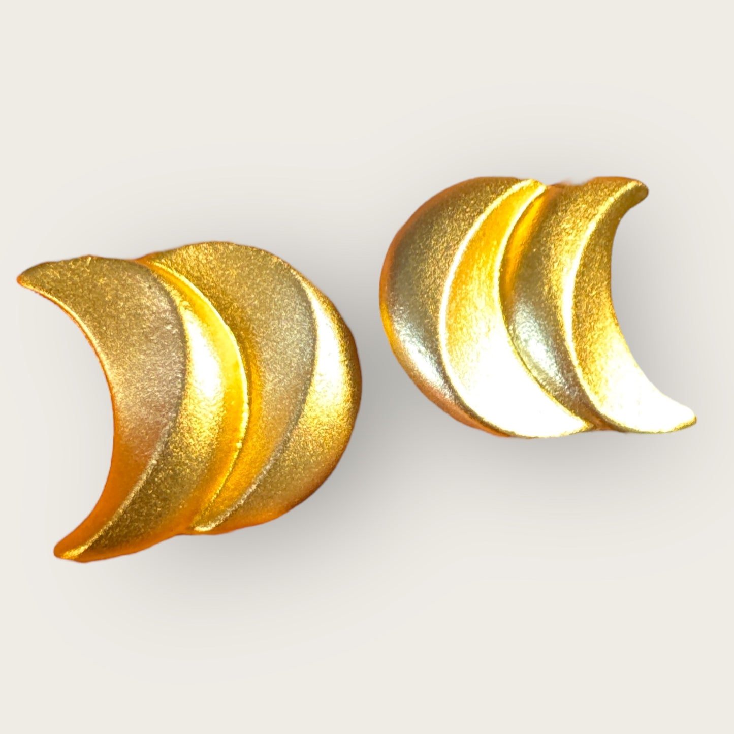Vintage Ellen Designs Crescent Moon Earrings, Matte Gold Double-Moon Clip-Ons, Signed 1980s Designer
