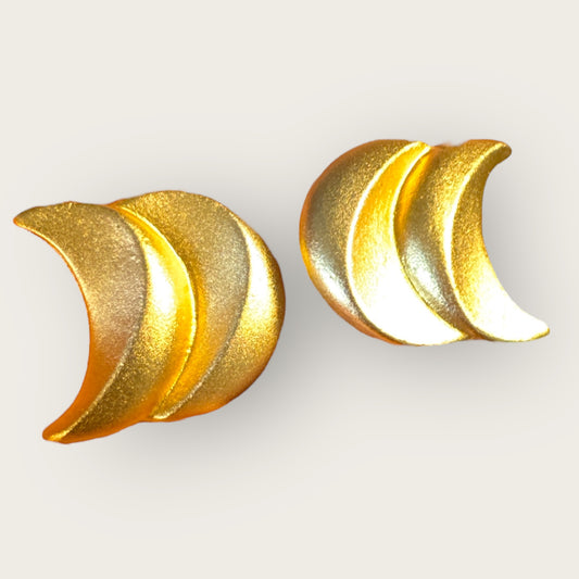 Vintage Ellen Designs Crescent Moon Earrings, Matte Gold Double-Moon Clip-Ons, Signed 1980s Designer