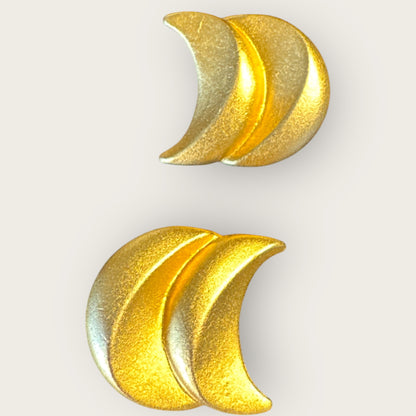 Vintage Ellen Designs Crescent Moon Earrings, Matte Gold Double-Moon Clip-Ons, Signed 1980s Designer