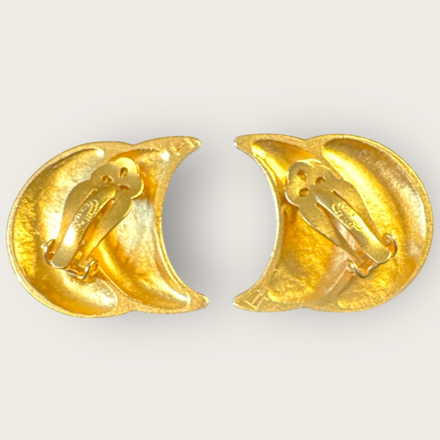 Vintage Ellen Designs Crescent Moon Earrings, Matte Gold Double-Moon Clip-Ons, Signed 1980s Designer