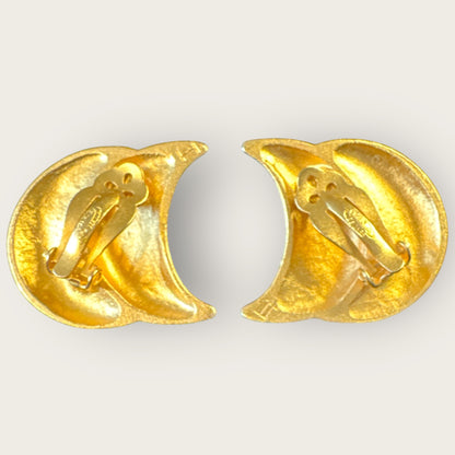 Vintage Ellen Designs Crescent Moon Earrings, Matte Gold Double-Moon Clip-Ons, Signed 1980s Designer
