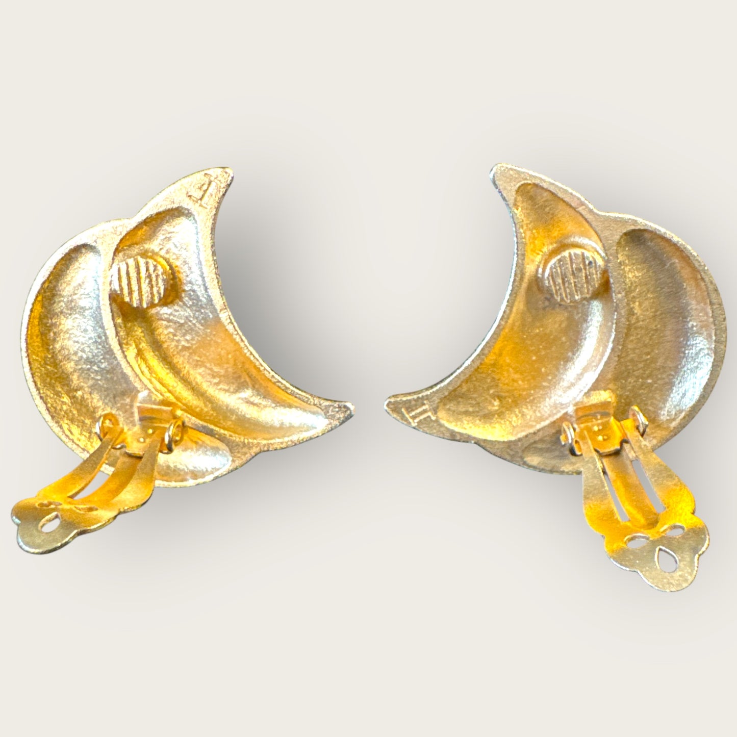 Vintage Ellen Designs Crescent Moon Earrings, Matte Gold Double-Moon Clip-Ons, Signed 1980s Designer