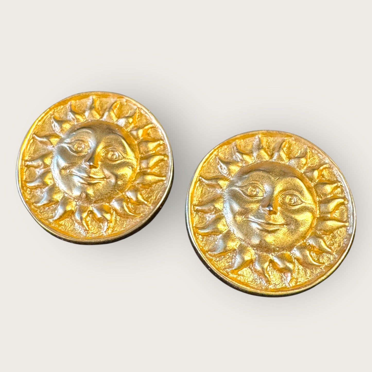 Vintage Anne Klein Sun Face Earrings, Gold-Tone Round Post Backs |1980s Designer Collectible