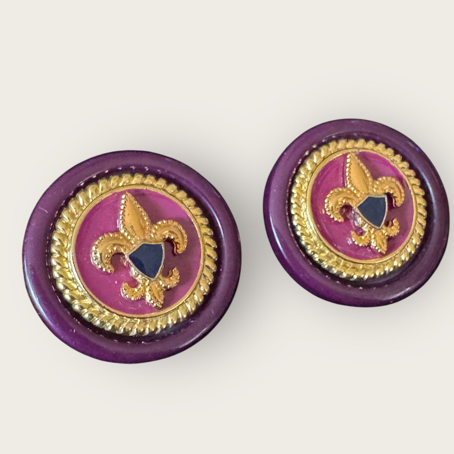 Vintage Maroon Acrylic Fleur-de-Lis Earrings with Gold Tone and Enamel Shield, Post Back Statement Jewelry