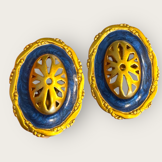 Vintage Cobalt Blue Enamel Oval Statement Earrings, Matte Gold-Tone Runway Clip-Ons (1980s)