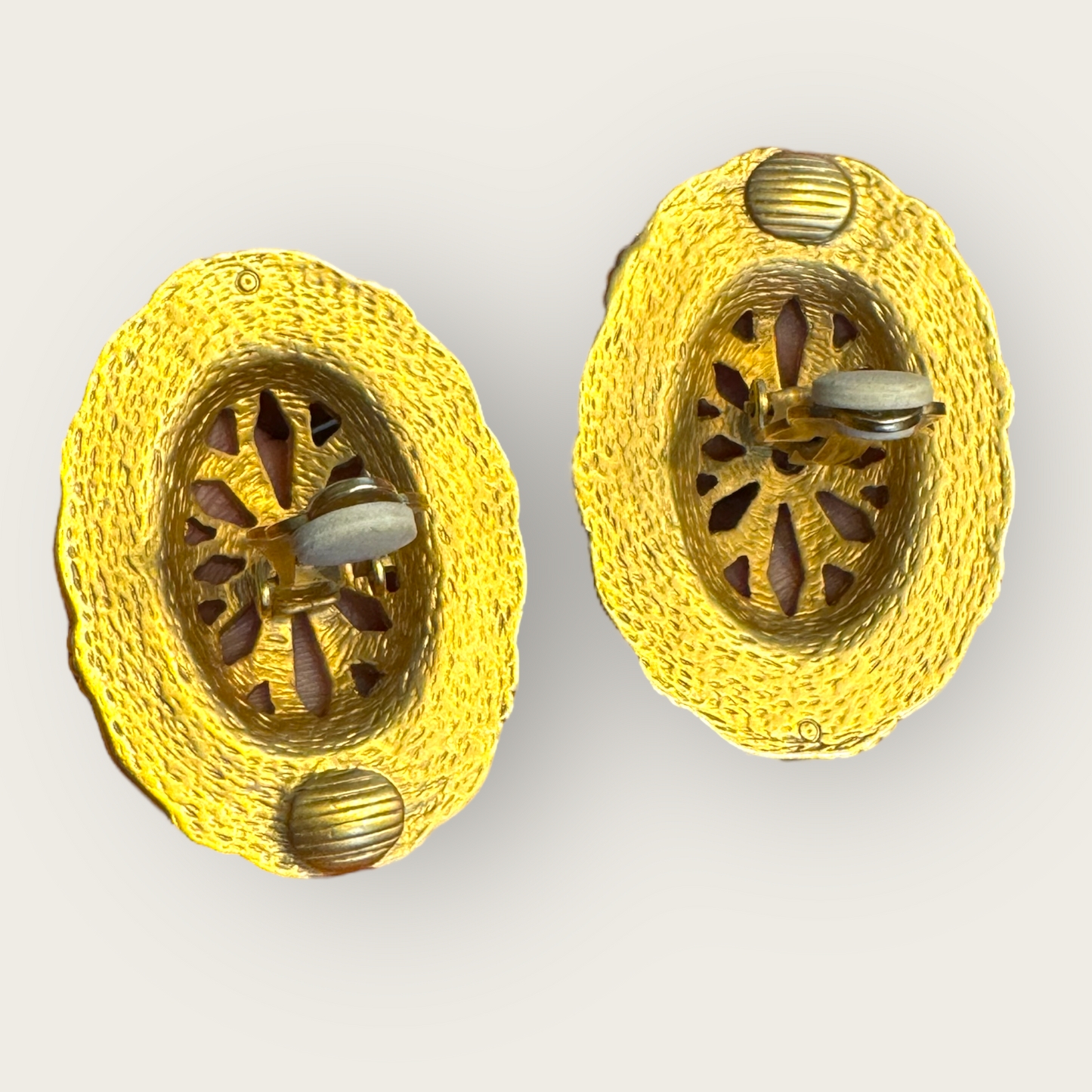 Vintage Cobalt Blue Enamel Oval Statement Earrings, Matte Gold-Tone Runway Clip-Ons (1980s)