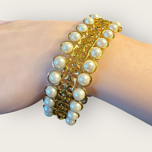 Vintage Avon Faux Pearl Gold-Tone Wide Bracelet – Signed, 7 1/4”, Statement Costume Jewelry
