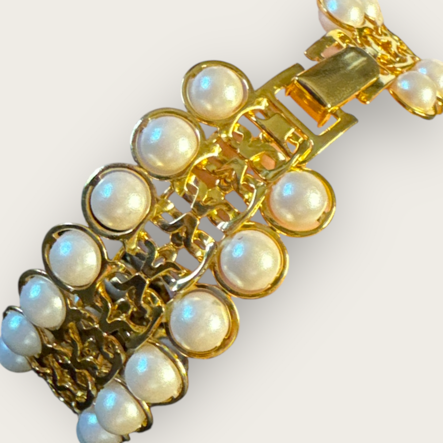 Vintage Avon Faux Pearl Gold-Tone Wide Bracelet – Signed, 7 1/4”, Statement Costume Jewelry