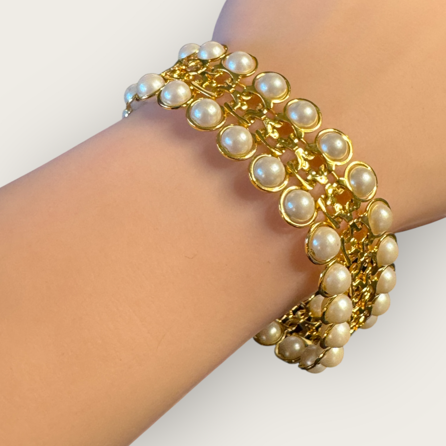Vintage Avon Faux Pearl Gold-Tone Wide Bracelet – Signed, 7 1/4”, Statement Costume Jewelry