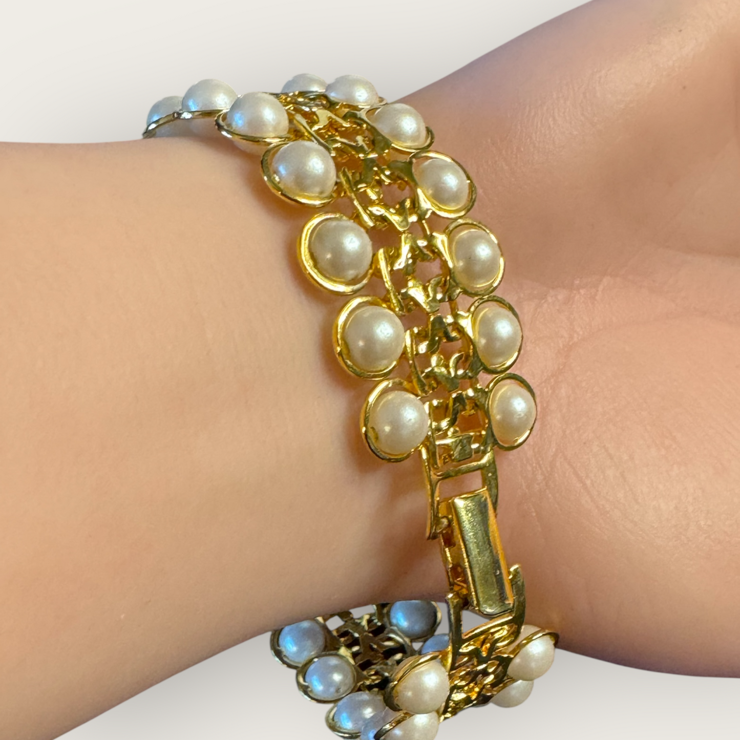 Vintage Avon Faux Pearl Gold-Tone Wide Bracelet – Signed, 7 1/4”, Statement Costume Jewelry