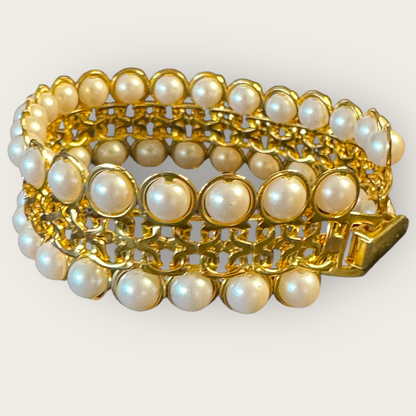 Vintage Avon Faux Pearl Gold-Tone Wide Bracelet – Signed, 7 1/4”, Statement Costume Jewelry