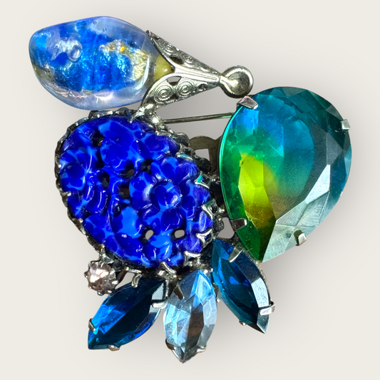 Czech Art Glass Statement Brooch, 1930s–40s: Lapis-Blue Floral, Watermelon Teardrop & Foil Drop