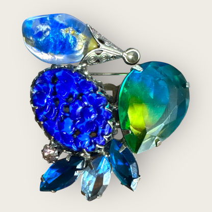 Czech Art Glass Statement Brooch, 1930s–40s: Lapis-Blue Floral, Watermelon Teardrop & Foil Drop