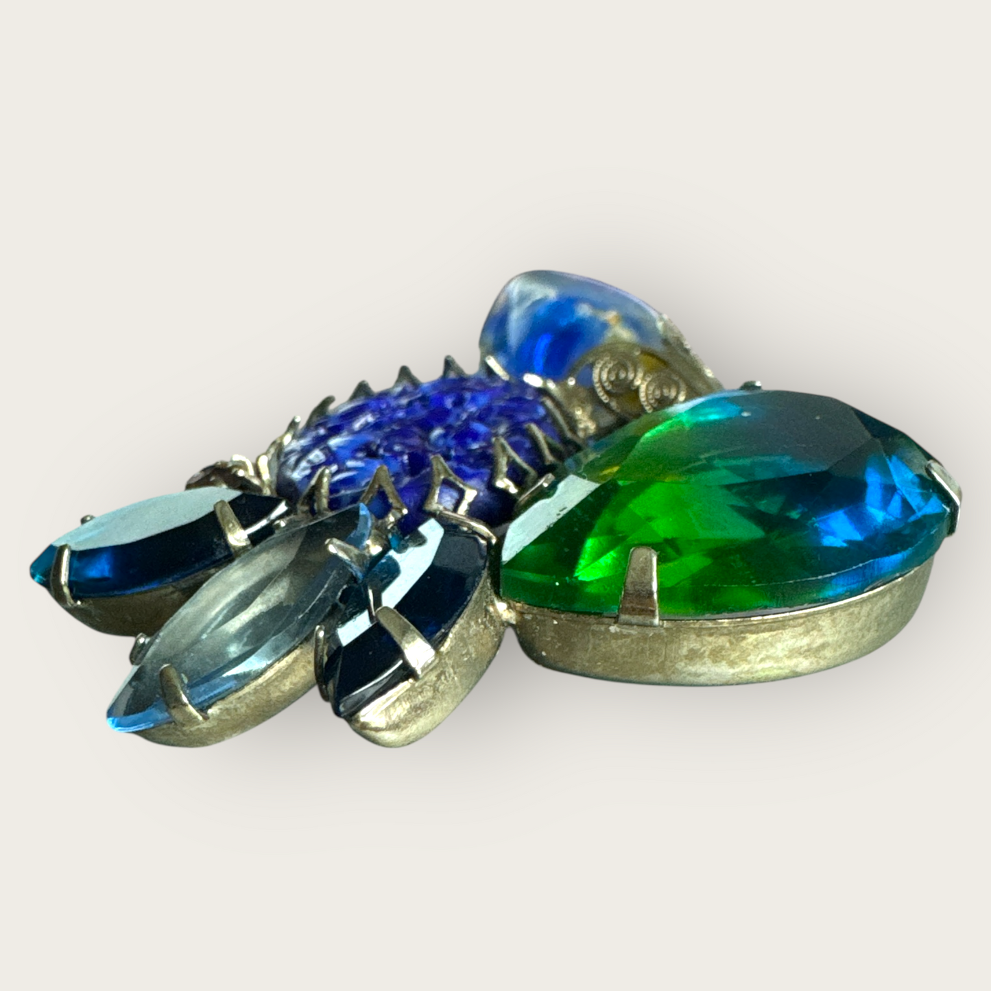 Czech Art Glass Statement Brooch, 1930s–40s: Lapis-Blue Floral, Watermelon Teardrop & Foil Drop