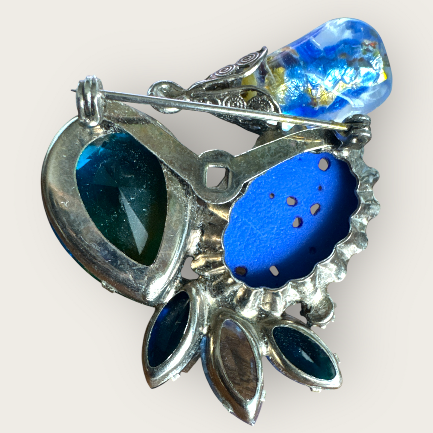 Czech Art Glass Statement Brooch, 1930s–40s: Lapis-Blue Floral, Watermelon Teardrop & Foil Drop