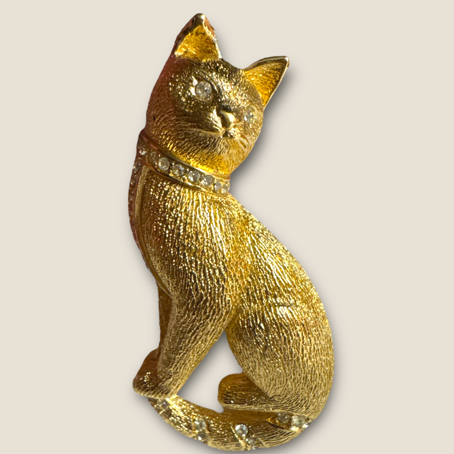 Vintage Christian Dior Couture Gold Cat Brooch with Crystal Accents – Signed Designer Statement Jewelry