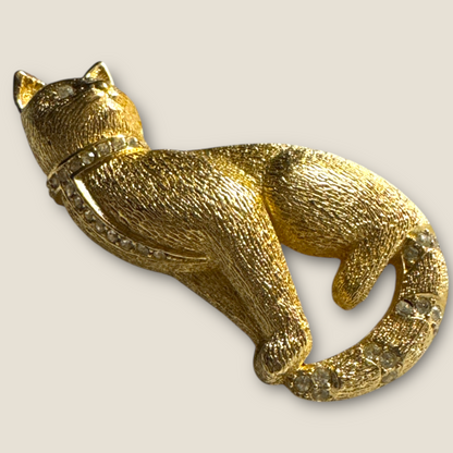 Vintage Christian Dior Couture Gold Cat Brooch with Crystal Accents – Signed Designer Statement Jewelry