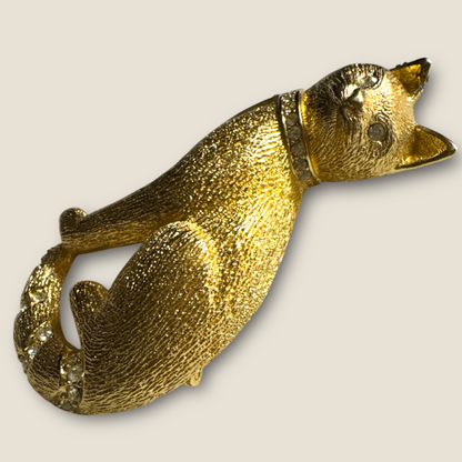 Vintage Christian Dior Couture Gold Cat Brooch with Crystal Accents – Signed Designer Statement Jewelry