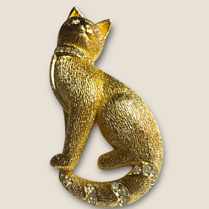 Vintage Christian Dior Couture Gold Cat Brooch with Crystal Accents – Signed Designer Statement Jewelry