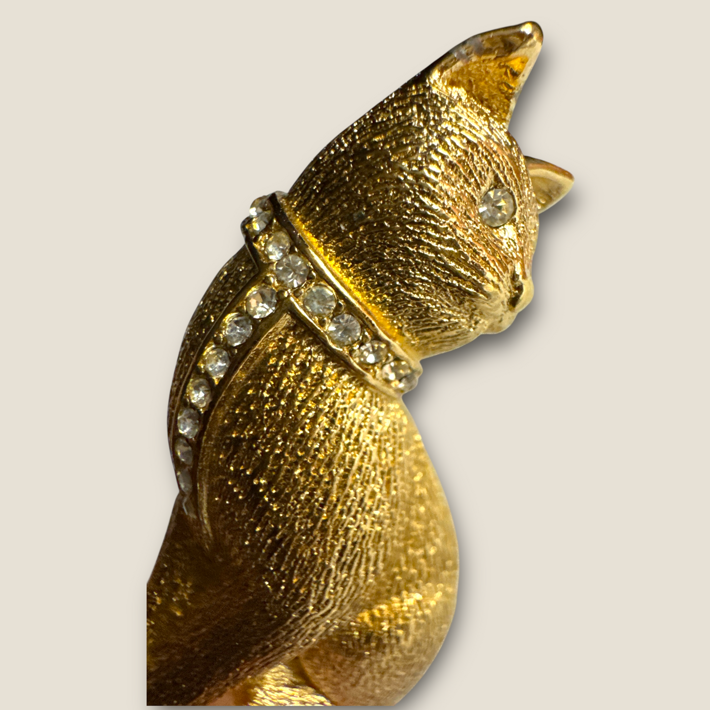 Vintage Christian Dior Couture Gold Cat Brooch with Crystal Accents – Signed Designer Statement Jewelry